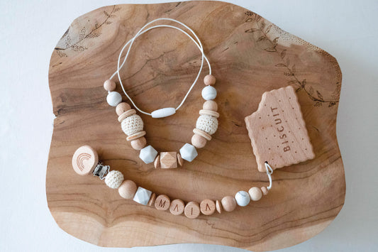 Accessoire de dentition / Attache Tétine / Collier d'allaitement - Modèle Biscuit / Meryem / Maia